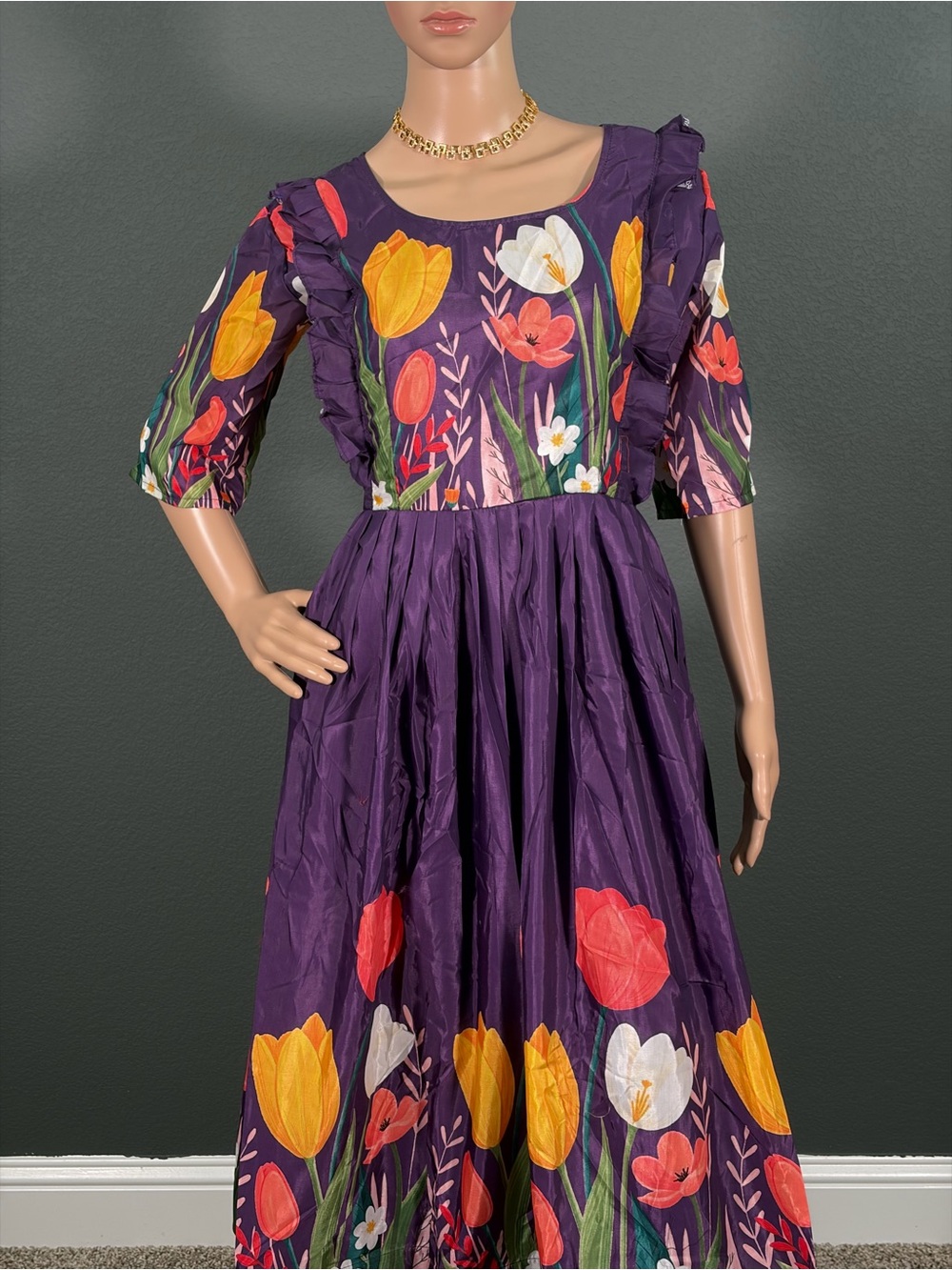 Brand New Purple Floral Ruffle Detail Midi Dress,Bust - M up to L